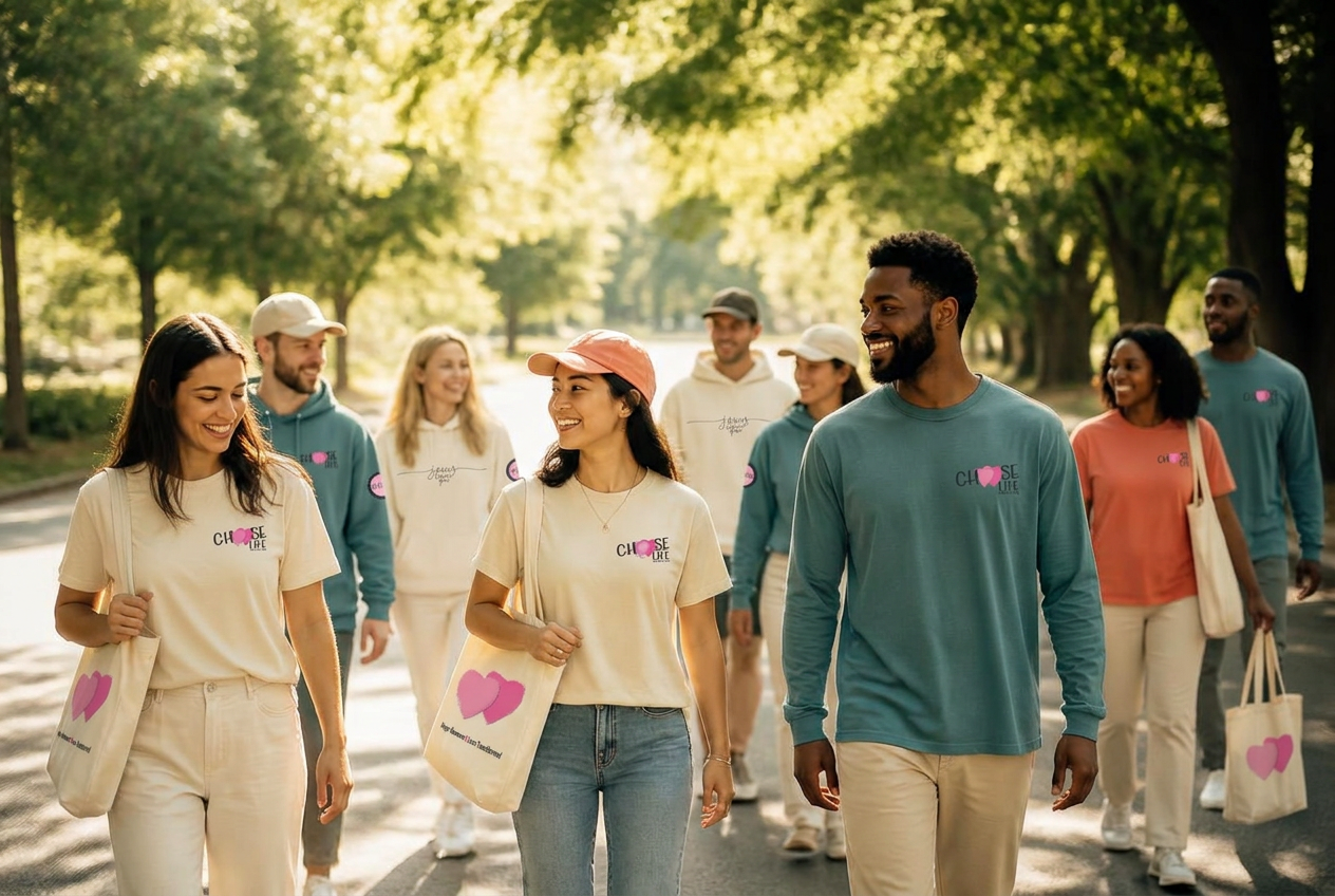 A group of friends walking together on a tree-lined summer morning wearing Add to Heart merchandise